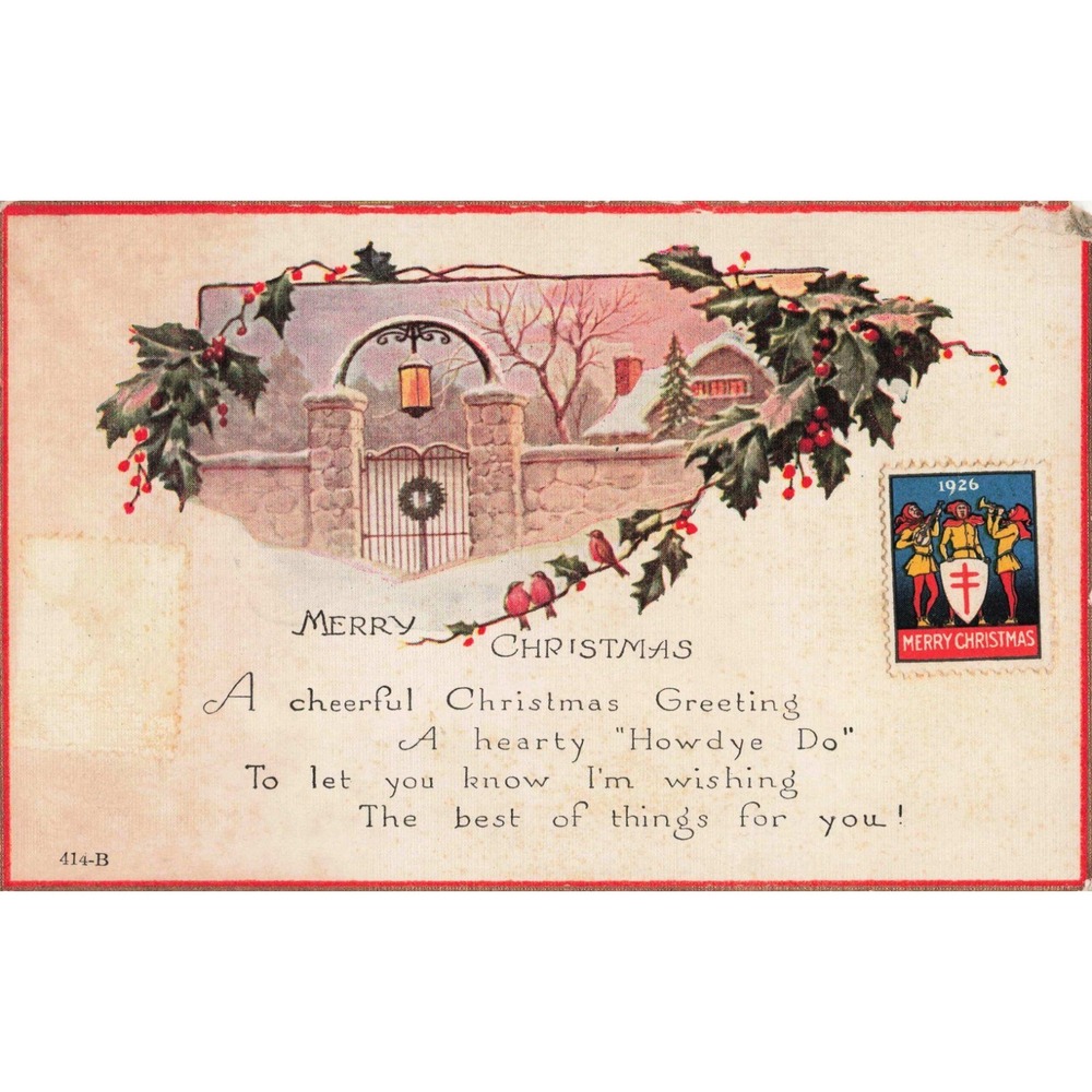 Vintage 1926 Merry Christmas Postcard St Louis MO Holly Gate 2c Washington Stamp - Picture 1 of 2